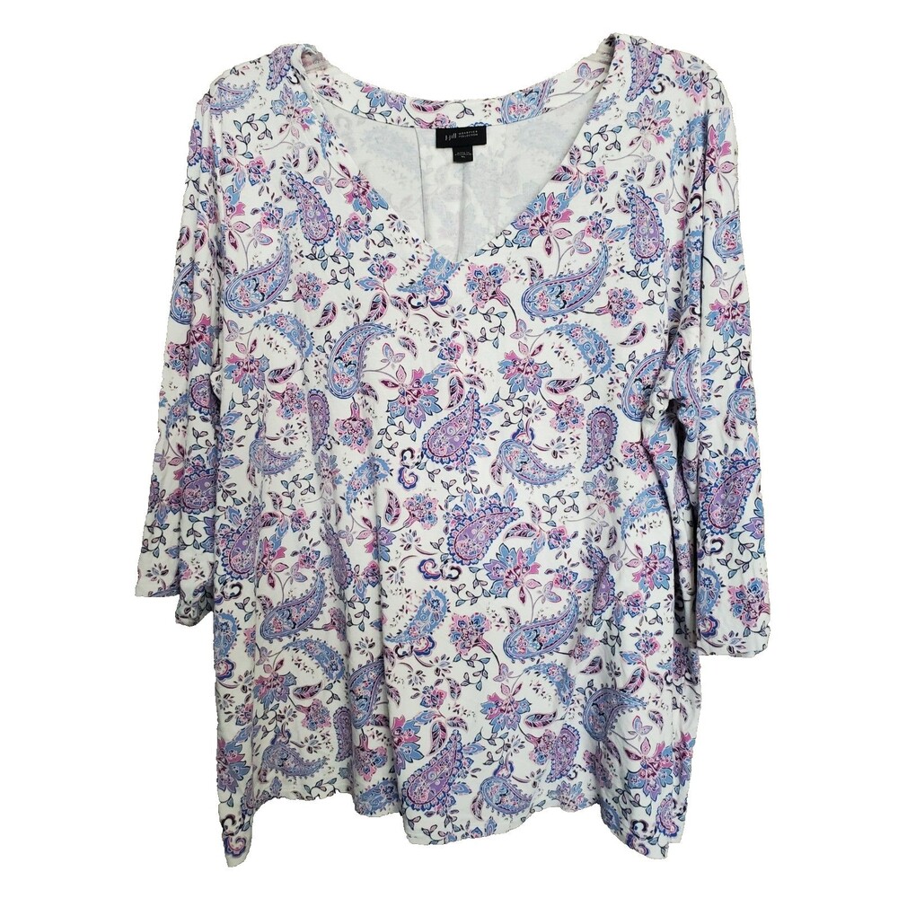 J. Jill Wearever Paisley Jersey Knit Pleated Back V-Neck 3/4 Sleeve Blouse Sz XL